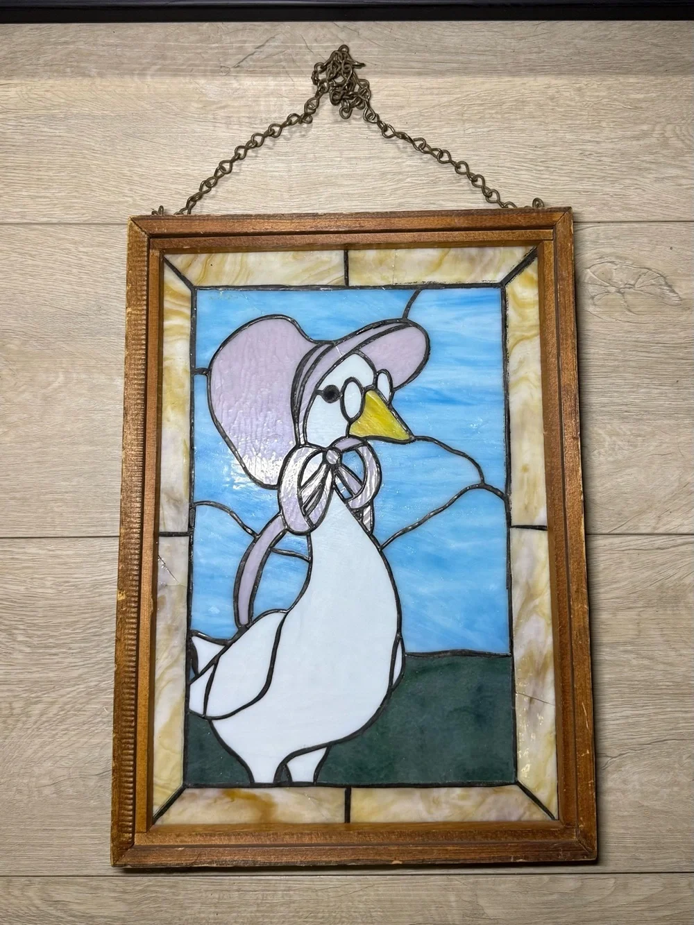 Vintage 1980s Hangable Stained Glass Art Goose Wearing Bonnet & Glasses